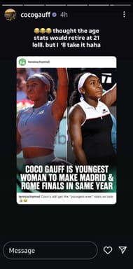Coco Gauff amused at herself for breaking age stats at the age of 21 (Source: Instagram)