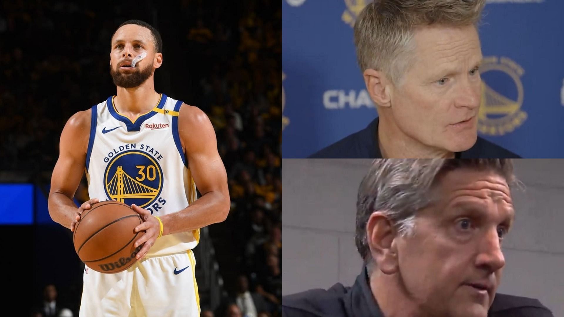 An image of Steph Curry, Steve Kerr, and Chris Finch