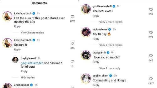 Kylie Feuerbach, Jada Gyamfi and Gabbie Marshall react to Caitlin Clark's Instagram post about her return to Iowa in an Indiana Fever uniform. Source: Instagram/@caitlinclark22