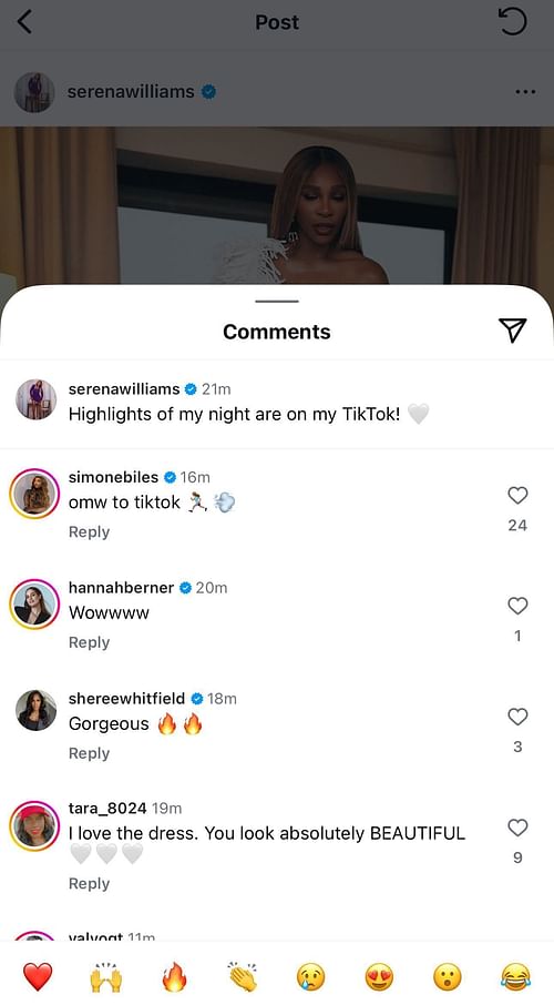 Screengrab of Simone Biles' comment on Serena Williams' post. Source: Instagram