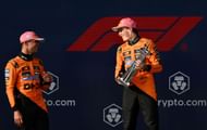 Second placed Lando Norris of Great Britain and McLaren and Race winner Oscar Piastri of Australia and McLaren on the podium during the F1 Grand Prix of Miami - Source: Getty