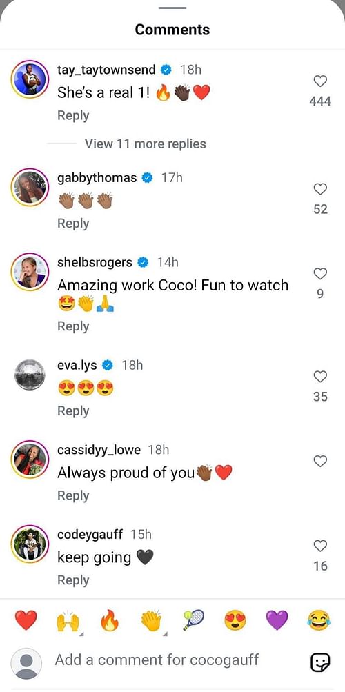 Gabbu Thomas' comment on Coco Gauff's post | Image Source Instagram