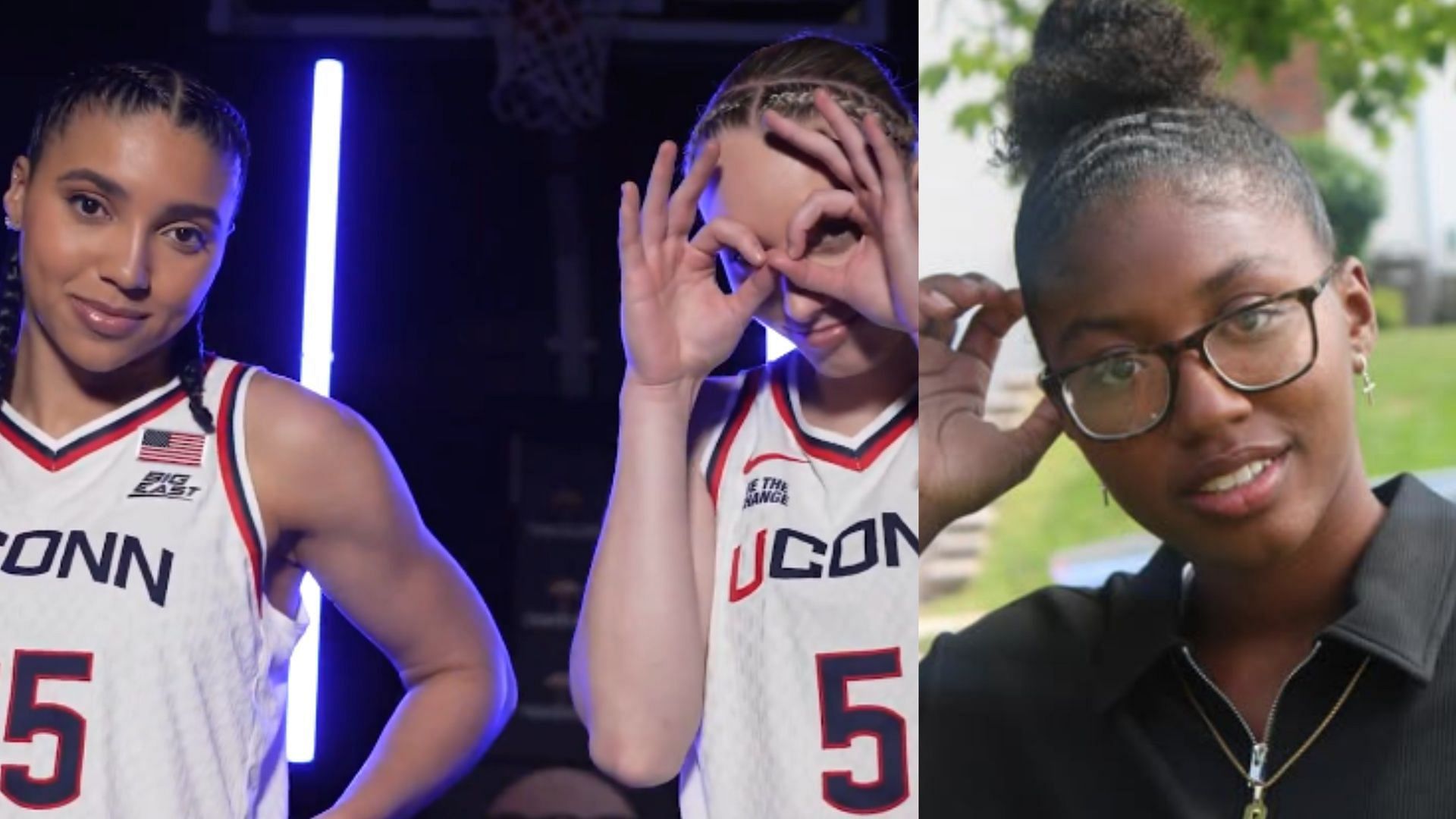 An image of Paige Bueckers, Azzi Fudd, and Shyanne Sellers