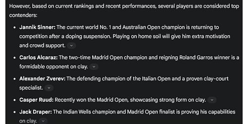 Gemini AI's picks for the men's singles title at the Italian Open 2025.