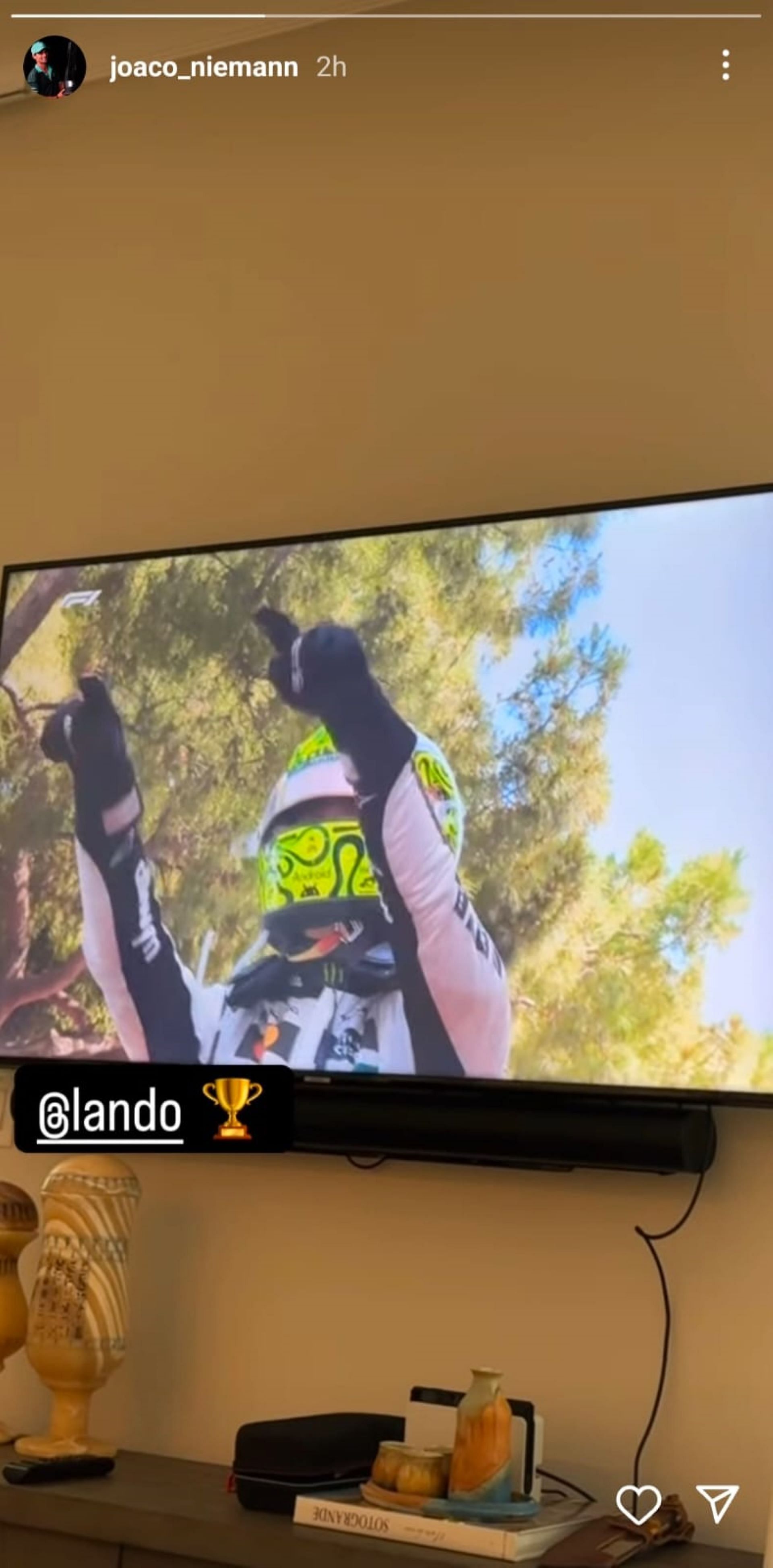 Joaquin Niemann shared the winning moment of Lando Norris on Instagram Story (via jaoco_niemann)