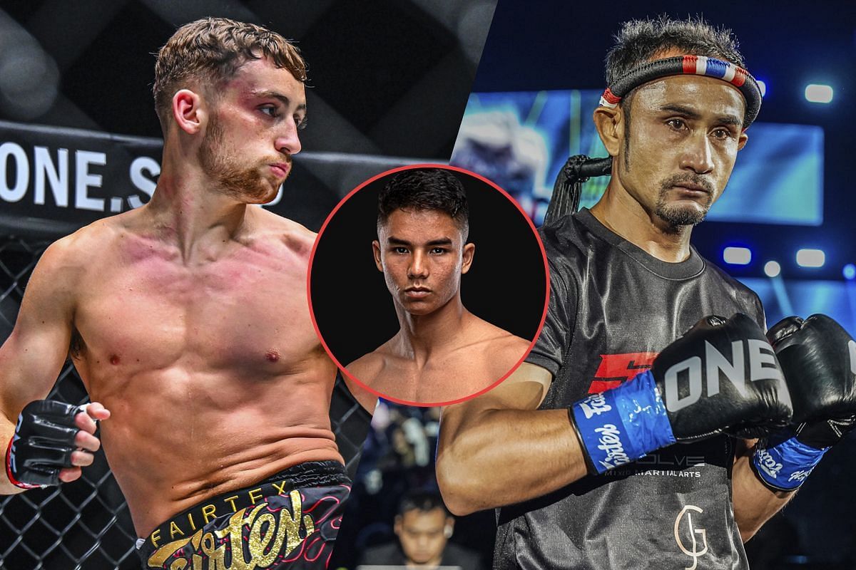 Freddie Haggerty (left), Sam-A (right), and Johan Ghazali (circle inset). [Photos from ONE Championship]