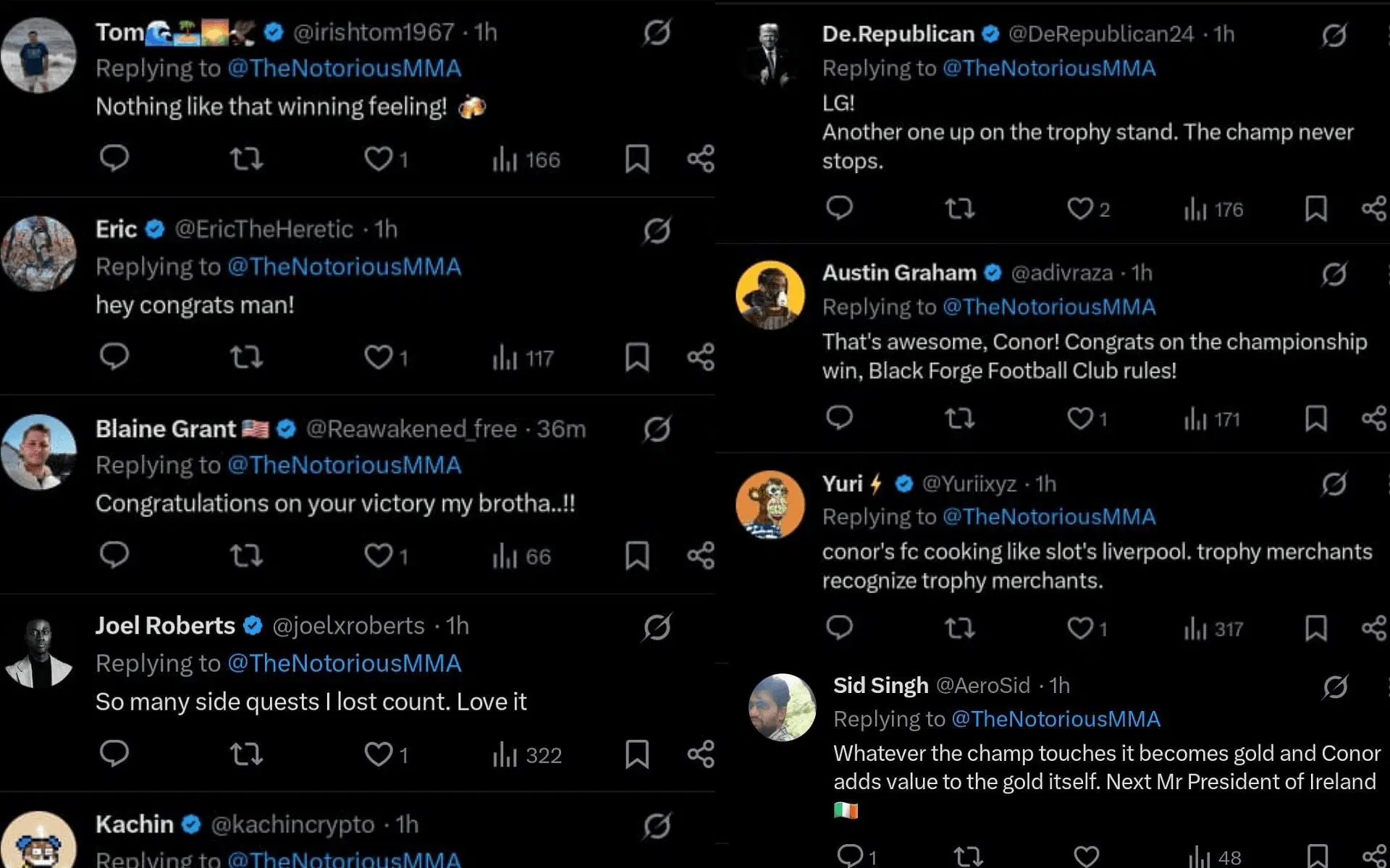 Fans&#039; reaction to Conor McGregor and his soccer team becoming the UCFL Premier Division Champions. [Screenshots courtesy: @TheNotoriousMMA on X]