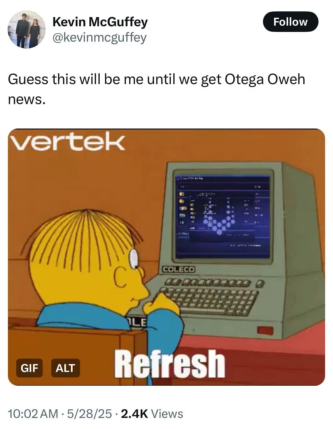 An X user suggests they&rsquo;ll be refreshing their screen all day for Oweh&rsquo;s announcement