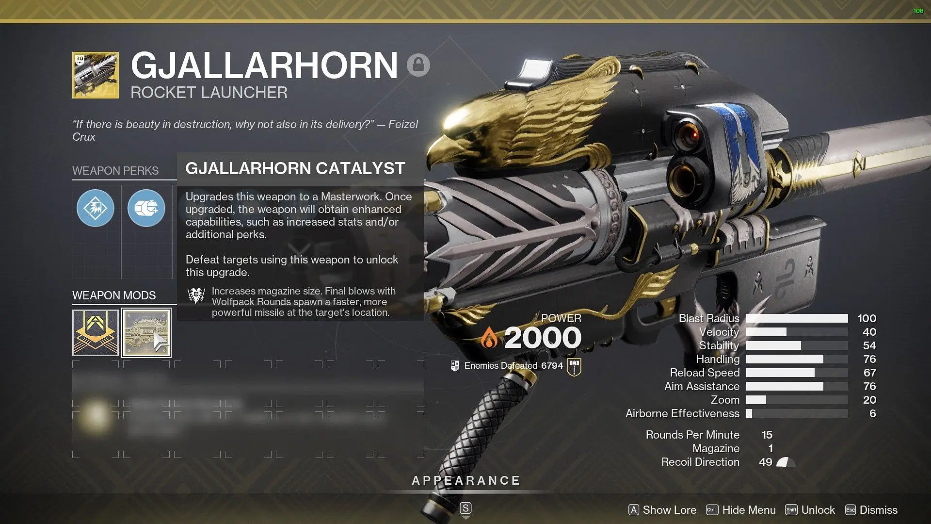 Gjallarhorn Exotic Catalyst in Destiny 2 (Image via Bungie)