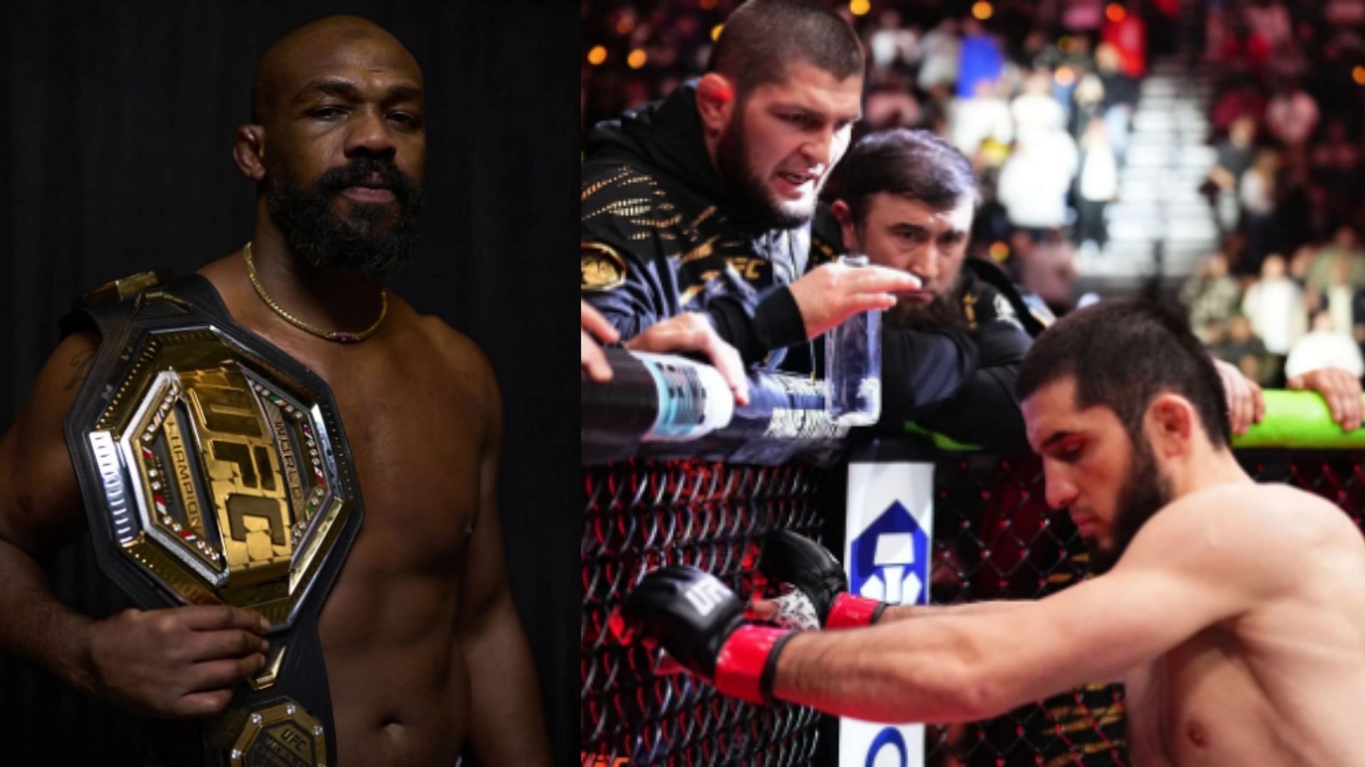 Jon Jones (left) shares opinion on UFC stars such as Khabib Nurmagomedov and Islam Makhachev (right) [Images courtesy of Getty Images]