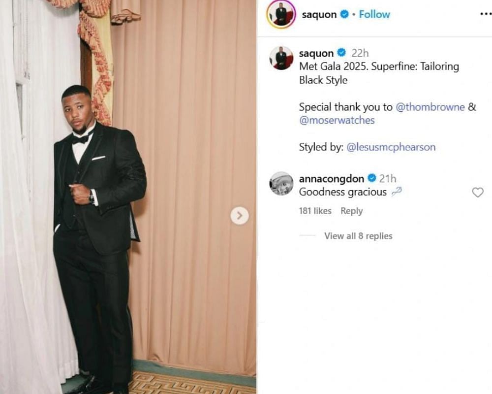 Saquon Barkley&#039;s fianc&eacute;e Anna Congdon drops 2-word reaction to Eagles RB&#039;s sleek black Met Gala outfit [IG/@saquon]