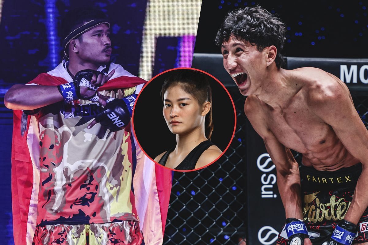Superlek Kiatmoo9 (left) and Nabil Anane (right) with Stamp Fairtex | Image credit: ONE Championship