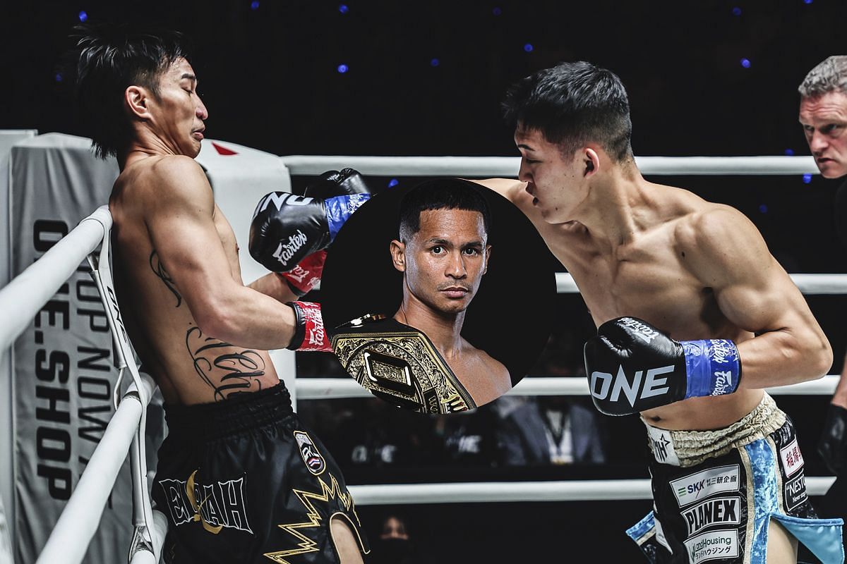 Tawanchai against the ropes, Masaaki Noiri pushing forward, Superbon in the circle