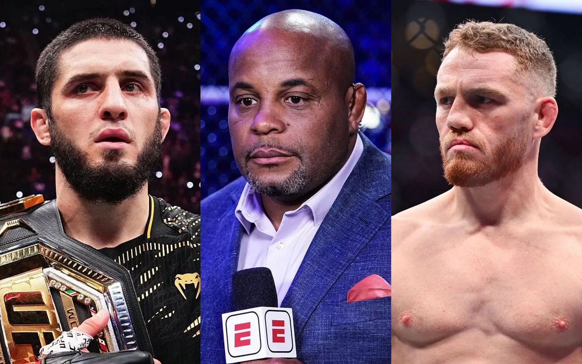 Daniel Cormier (middle) previews Jack Della Maddalena (right) vs. Islam Makhachev (left). [Images courtesy: Getty Images]