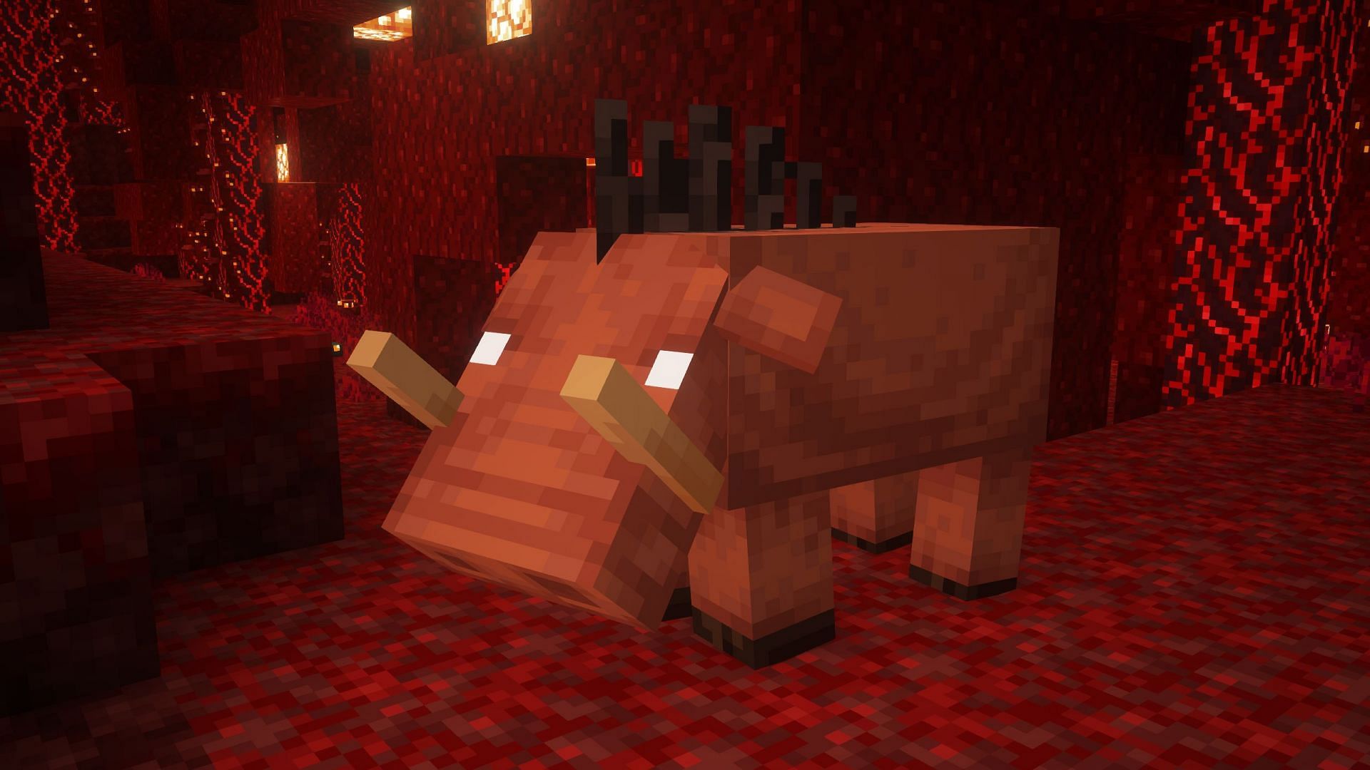 Hoglin is a hostile mob that spawns in Crimson Forest (Image via Sportskeeda Gaming || Mojang Studios)