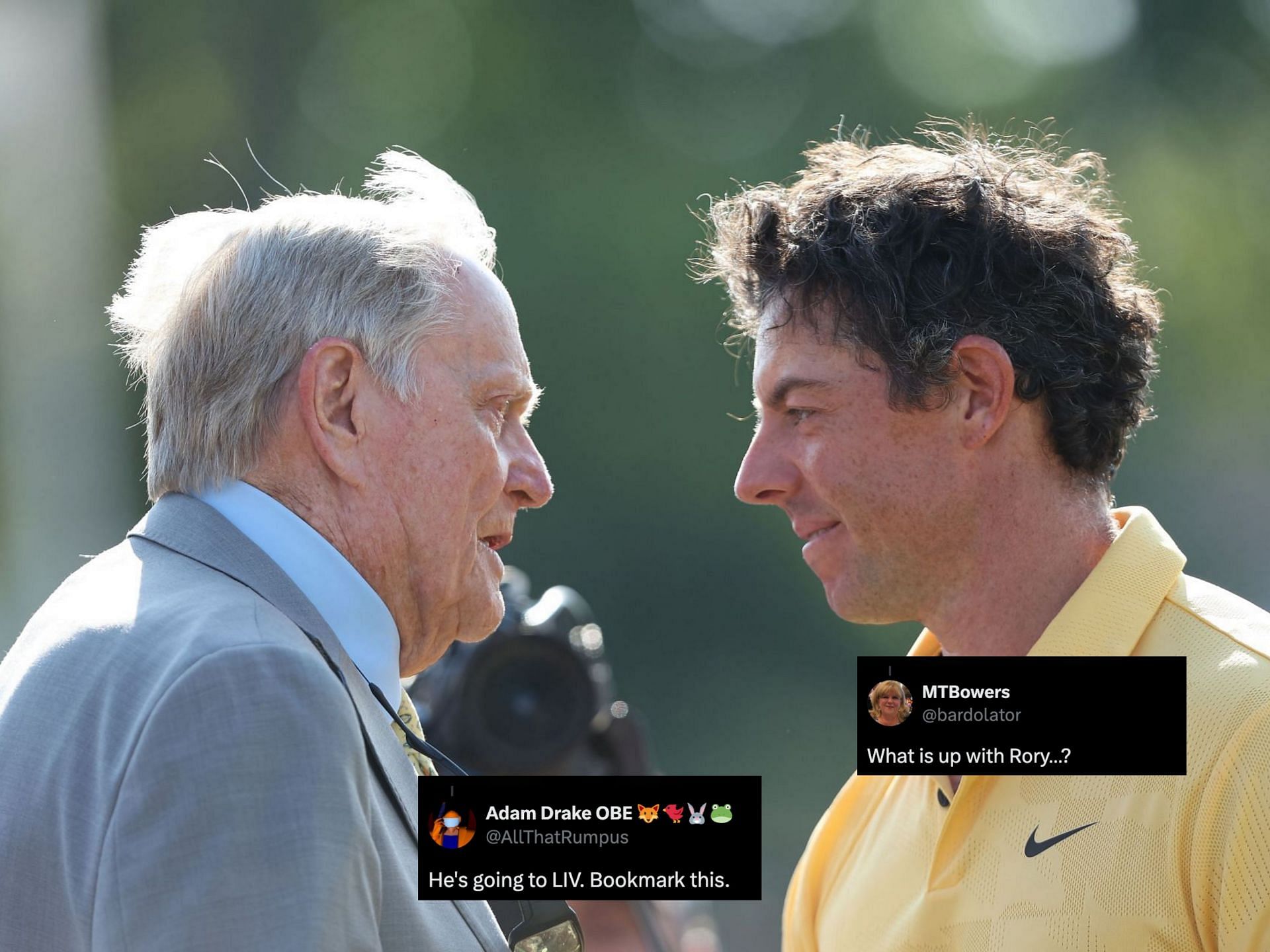 Rory McIlroy and Jack Nicklaus at Memorial Tournament (image via Getty, x@bardolator, x@AllThatRumpus)