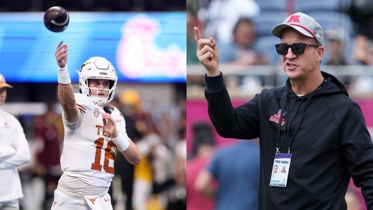 Arch Manning (L) Peach Bowl-Texas at Arizona State &amp; Peyton Manning (R) Pro Bowl Games-AFC Practice (Image credit: Imagn)