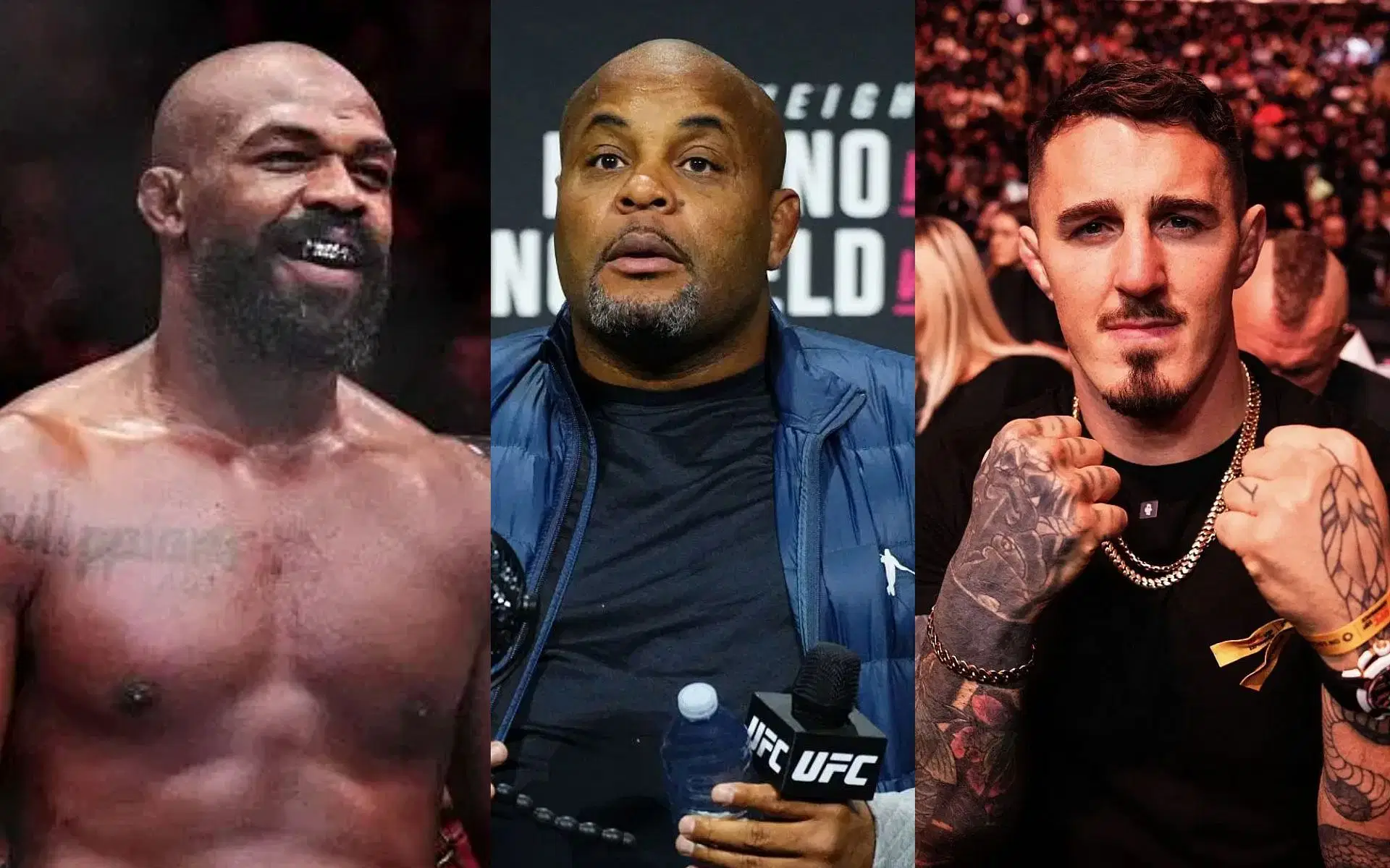 Daniel Cormier (middle) speculates why Jon Jones (left) is dismissal of Tom Aspinall (right). [Images courtesy: Getty Images]