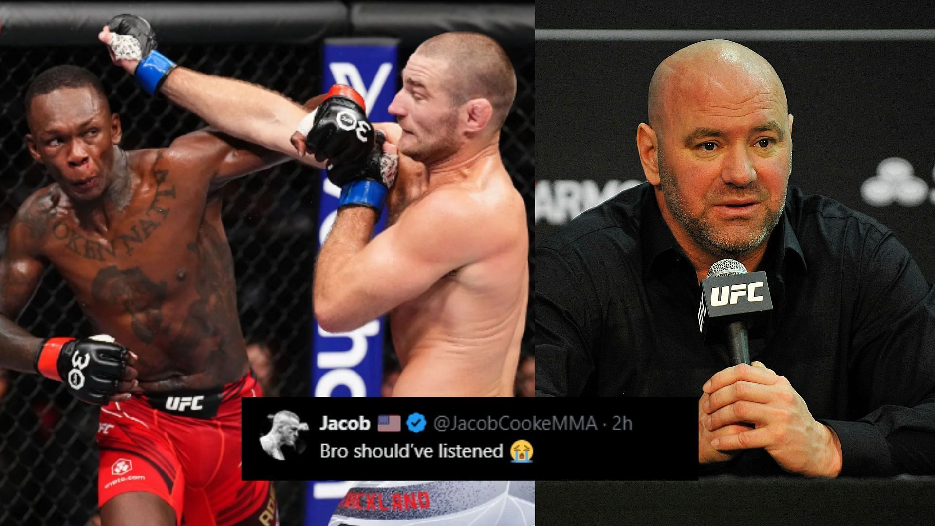 Fans react to Israel Adesanya (left) revealing Dana White (right) warned him about fighting Sean Strickland [Images courtesy of Getty Images]