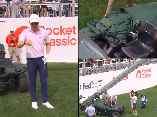 WATCH: Ben Griffin gets unusual ruling after shot takes wild bounce into camera cart at the Rocket Classic 2025