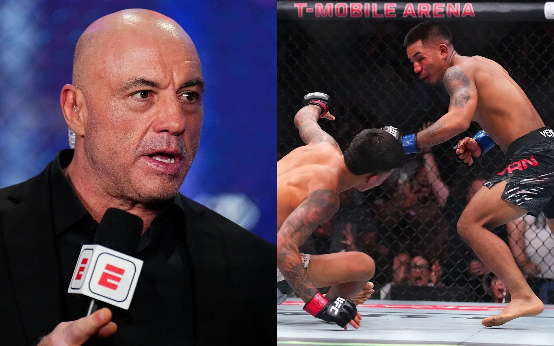 Joe Rogan (left) reacts to Brandon Royval vs. Joshua Van (right). [Images courtesy: Getty Images] 
