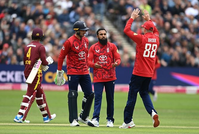 Star leg-spinner Adil Rashid gets hit for five sixes in a single over during 2nd ENG vs WI T20I 2025 [Watch]