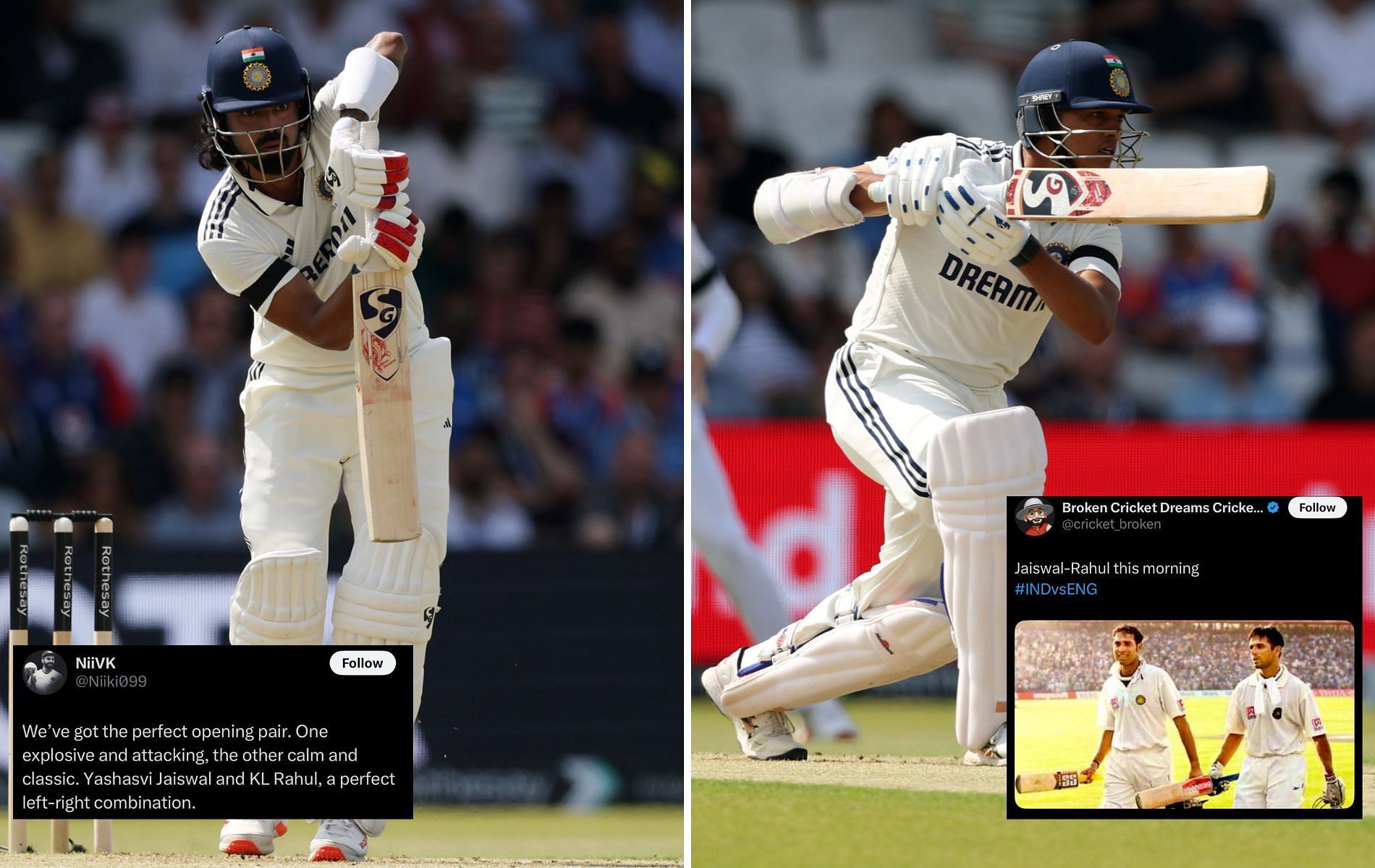 KL Rahul and Yashasvi Jaiswal helped India get off to a brilliant start. (Pics: X/@BCCI/@Niiki099/@cricket_broken).