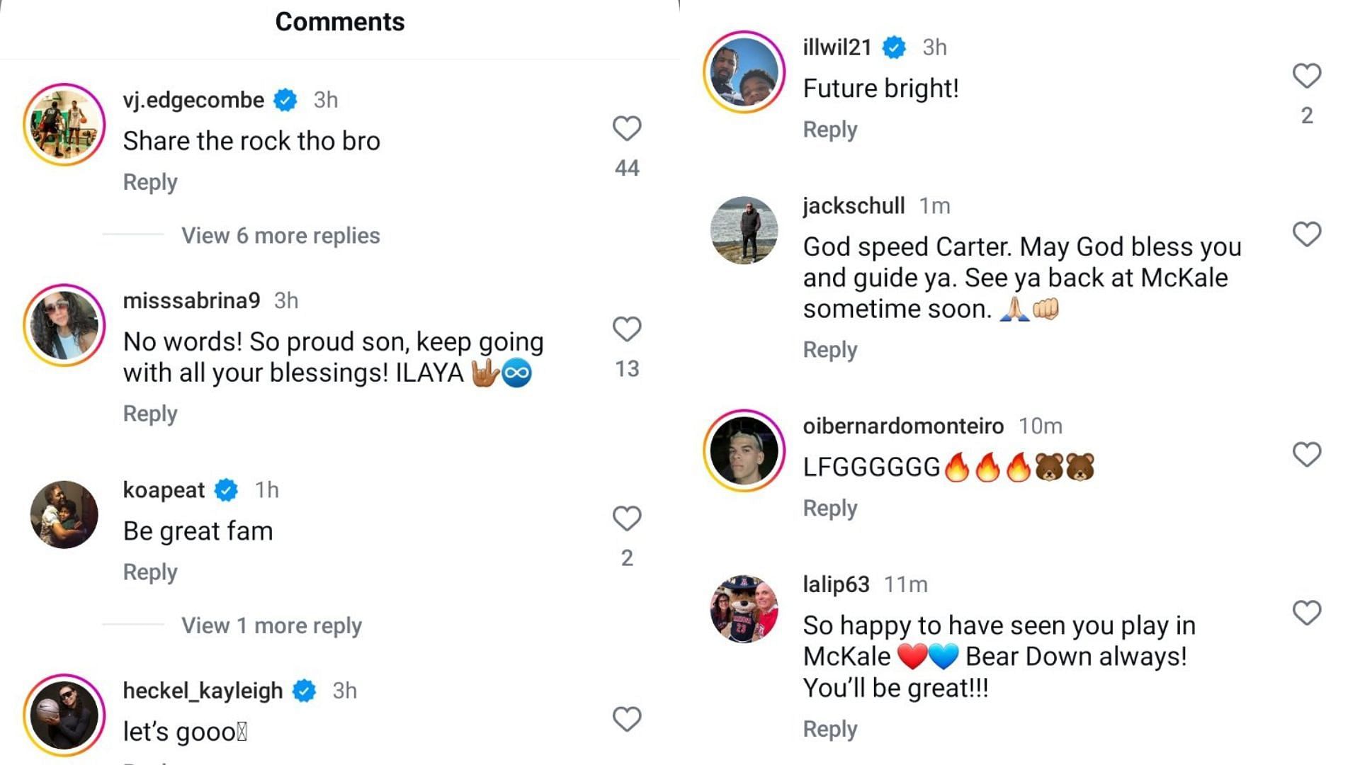 Carter Bryant&#039;s Instagram post announcing his declaration for the 2025 NBA Draft drew reactions from his followers, including comments from VJ Edgecombe and Kayleigh Heckel. Source: Instagram/@carterdbryant