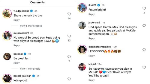 Carter Bryant's Instagram post announcing his declaration for the 2025 NBA Draft drew reactions from his followers, including comments from VJ Edgecombe and Kayleigh Heckel. Source: Instagram/@carterdbryant