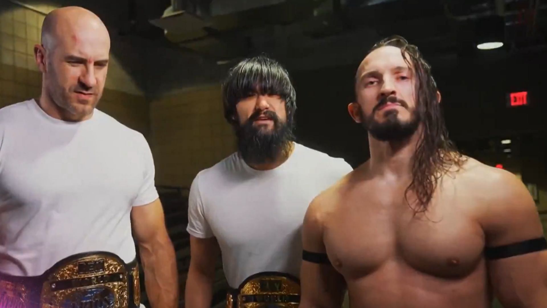 Former AEW World Trios Champions, Claudio Castagnoli, Wheeler Yuta, and PAC of The Death Riders [Credit: AEW on X]