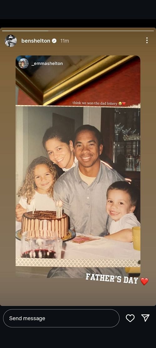 Shelton's Instagram Story featuring sister Emma's post on Father's Day, dated Sunday, June 15, 2025 (Source: Instagram/benshelton)