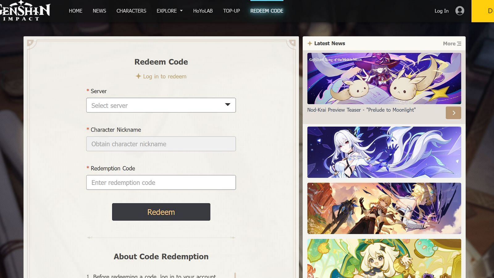 Here's how to redeem the above codes on HoYoverse's official website (Image via HoYoverse)