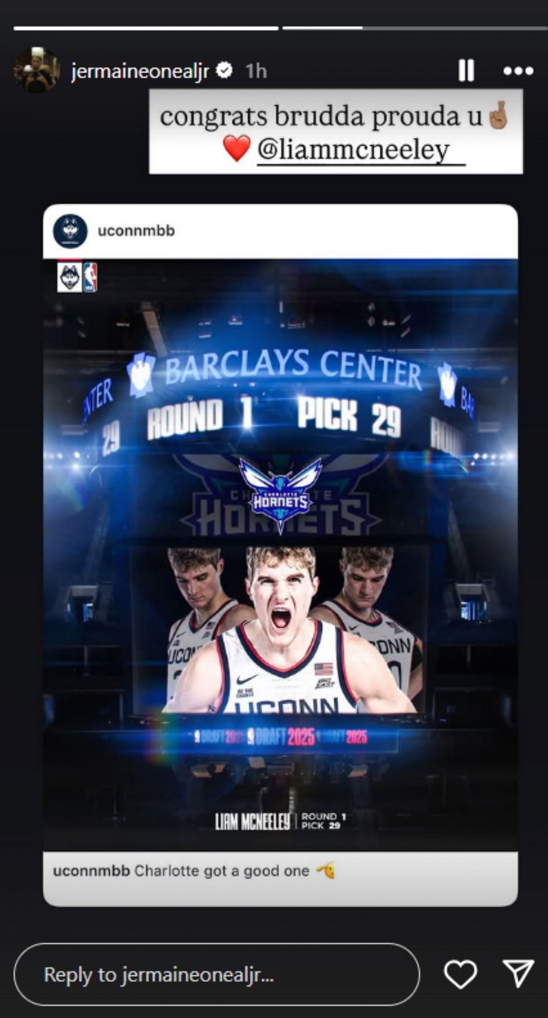 4-star prospect Jermaine O&#039;Neal Jr. shares 4-word reaction as former UConn hooper becomes No. 29th pick in 2025 NBA draft (Image via Instagram @jermaineonealjr)