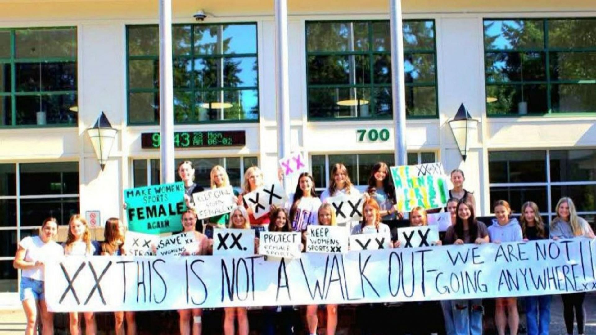 Riley Gaines reacts to protest in Tumwater High School against victory of trans athlete [Image Source : Riley Gaines