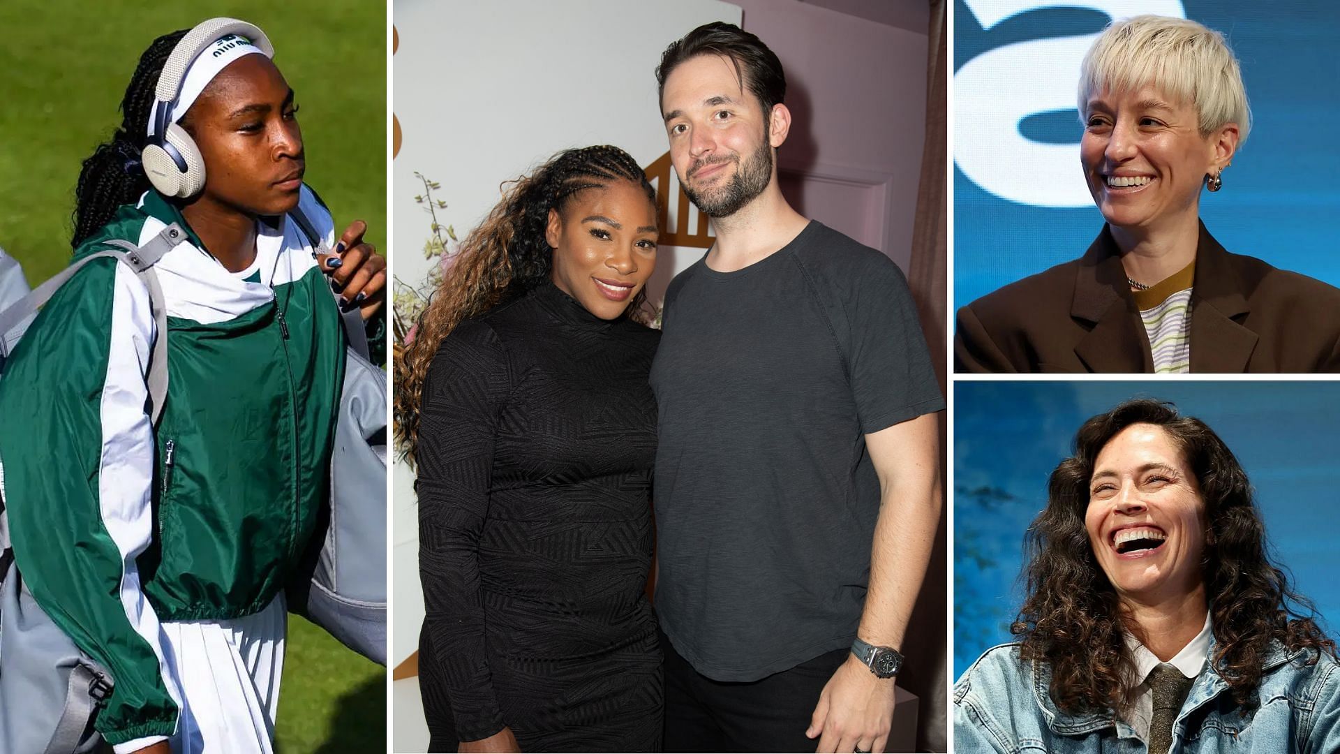 Coco Gauff (L), Serena Williams with her husband Alexis Ohanian (M), Sue Bird (bottom right) Megan Rapinoe (top right)