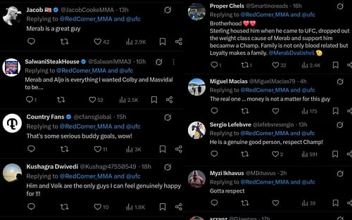 Fans' reaction to Merab Dvalishvili's wedding gift to Aljamain Sterling. [Screenshots courtesy: @RedCorner_MMA on X]