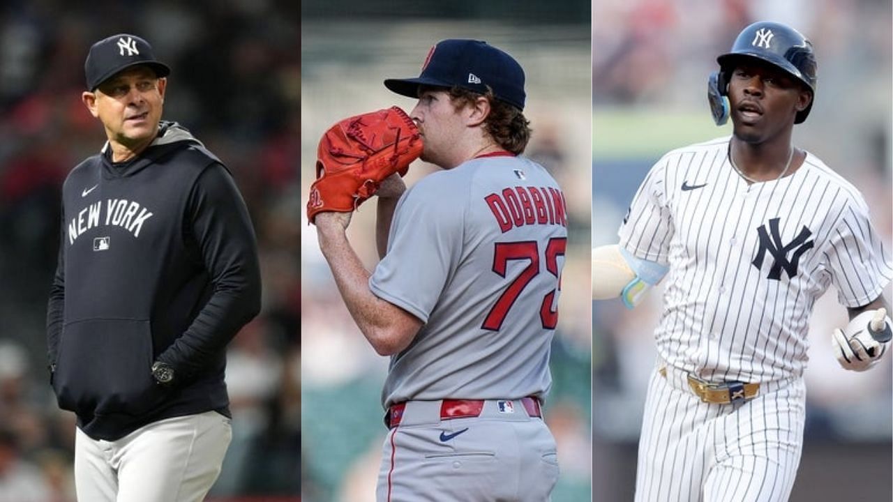 Aaron Boone, Jazz Chisholm Jr., Hunter Dobbins [Source: Imagn]