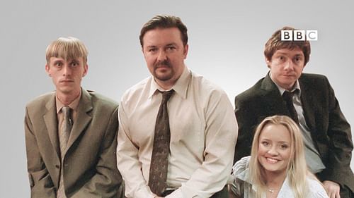The main cast of The Office UK. From left: Gareth, David, Tim, and Dawn (Image via Amazon UK)