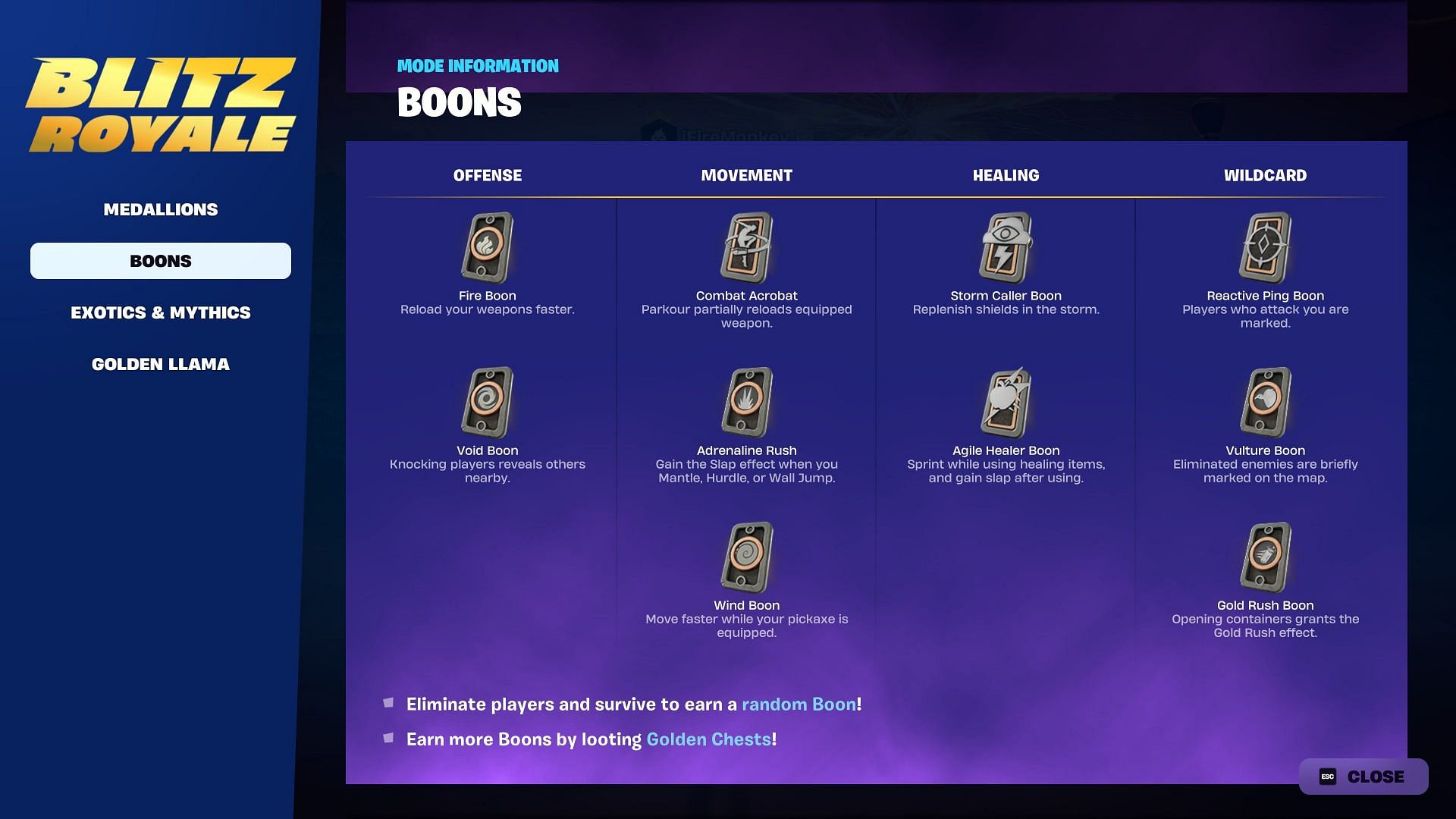 List of Boons (Image via Epic Games)