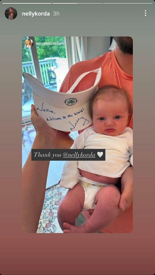 Nelly Korda reshared a fan’s Instagram story that showed the signed visor she sent for a baby named after her (via @nellykorda)