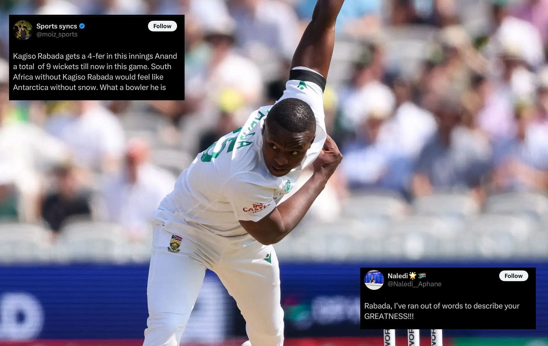 Kagiso Rabada earned massive praise from fans for his performance. (Pics: Getty Images/X/@moiz_sports/@Naledi__Aphane).