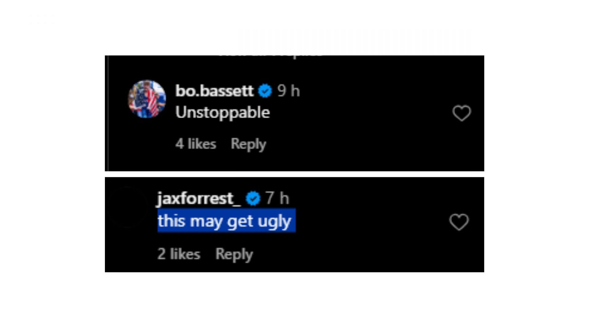 Screengrab of Bo Bassett and Jax Forrest&#039;s comments on Keegan Bassett&#039;s timeline [Image Source : Keegan Bassett&#039;s Instagram]