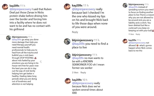 Nick Diaz's girlfriend and coach get into a heated exchange. [Screenshots courtesy: @bbjninjarecovery on Instagram]