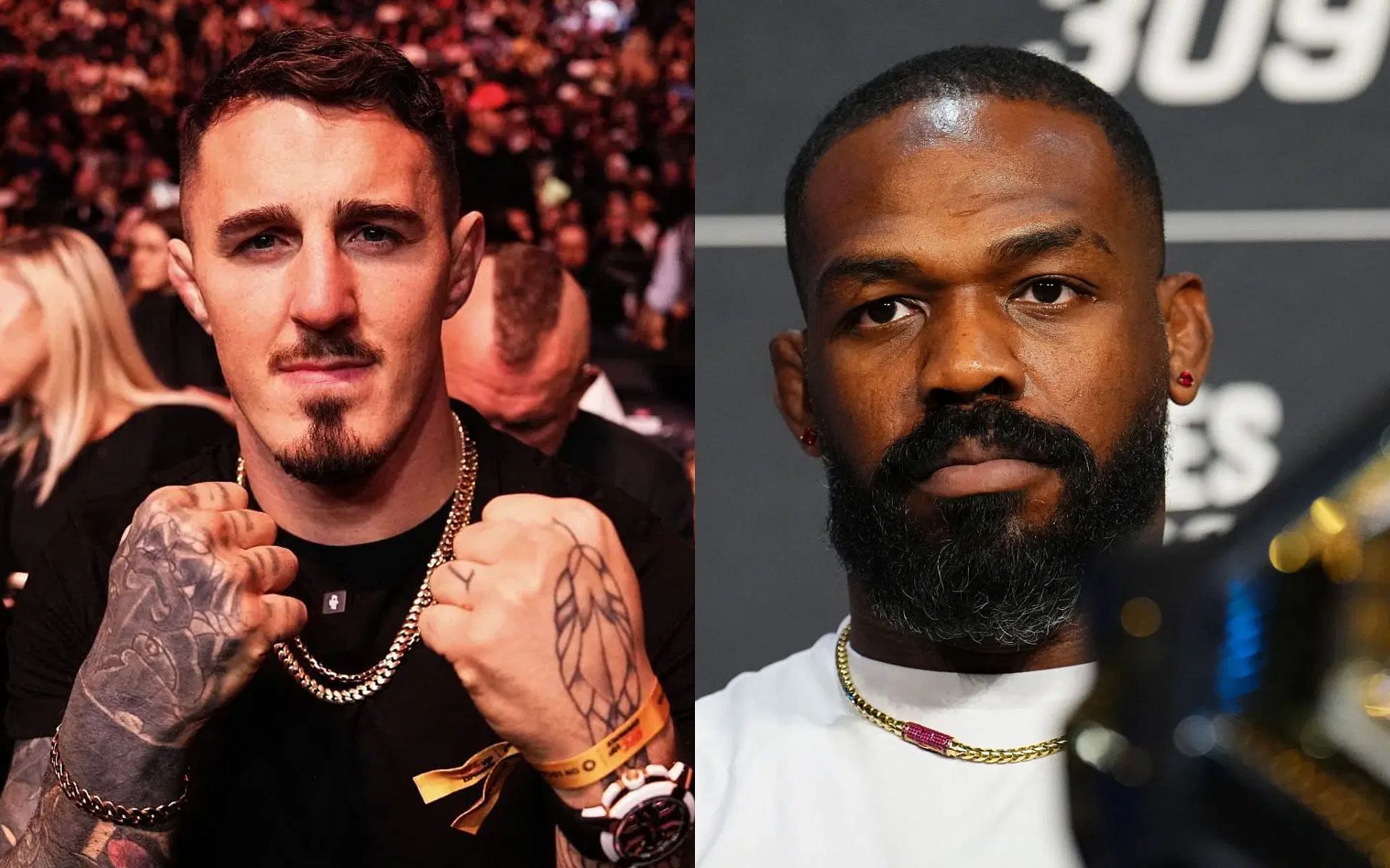 Ex-UFC champion believes Jon Jones (right) pre-planned walking out of NELK Boys interview over Tom Aspinall (left) question [Images courtesy: Getty Images]