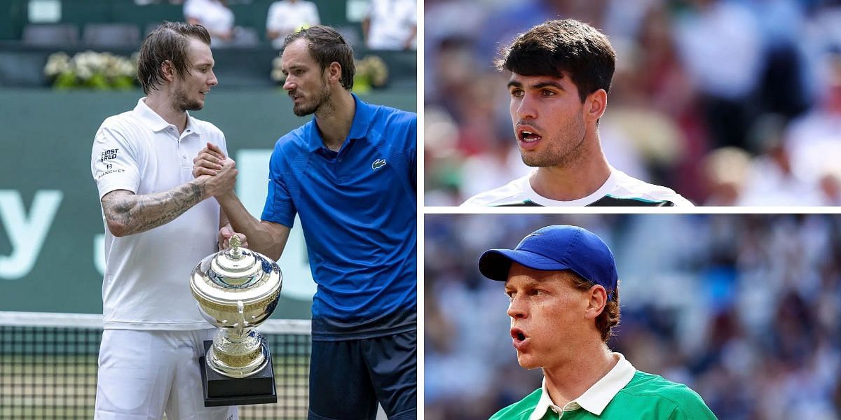 Alexander Bublik and Daniil Medvedev (left), Carlos Alcaraz (top right), Jannik Sinner (bottom right), Sources: Getty