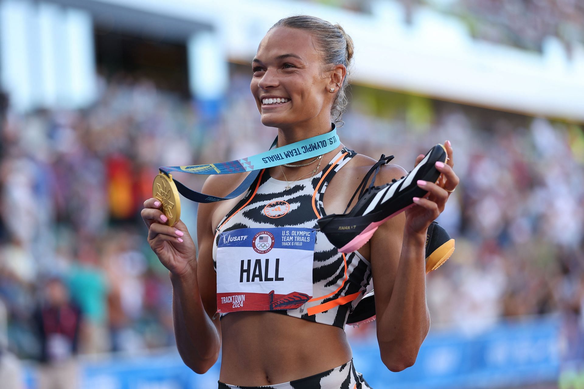 Anna Hall celebrates at the 2024 U.S. Olympic Team Track &amp; Field Trials in Eugene, Oregon. (Photo by Getty Images)