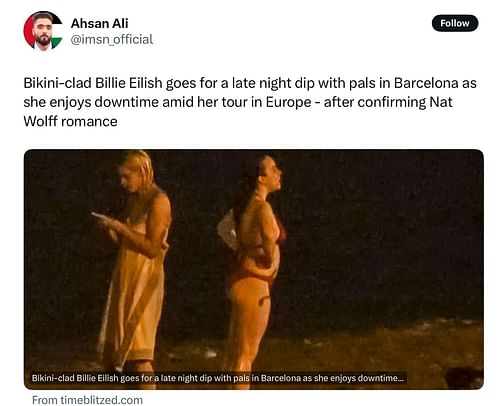 A picture of Billie Eilish at the beach in Barcelona (Image via @imsn_official/X)