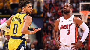 Watch: Dwyane Wade jumps out of his chair and goes wild after Tyrese Haliburton's cold-blooded game-winner
