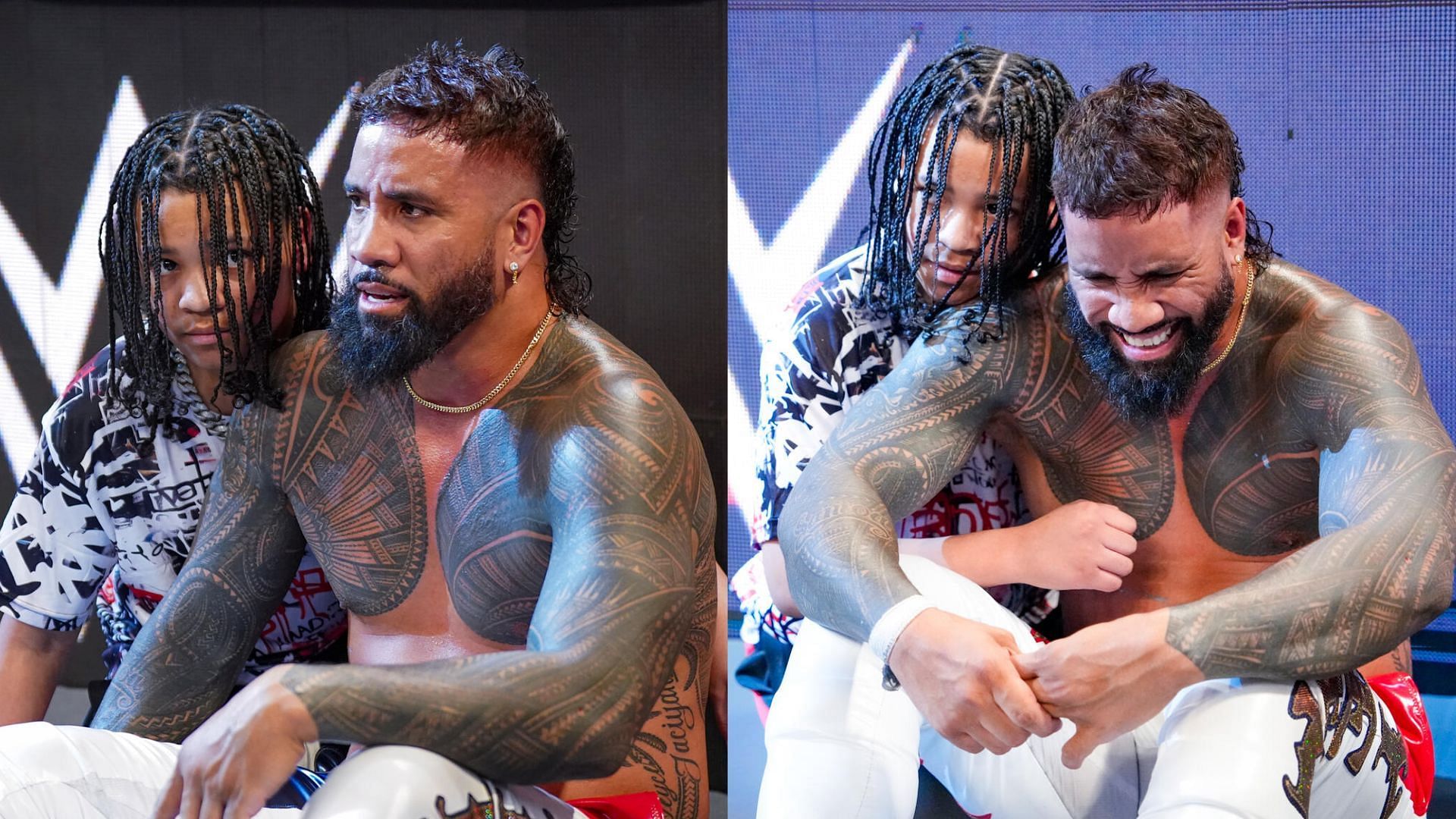 Jey Uso with his son after losing the title! [Images from WWE.com]