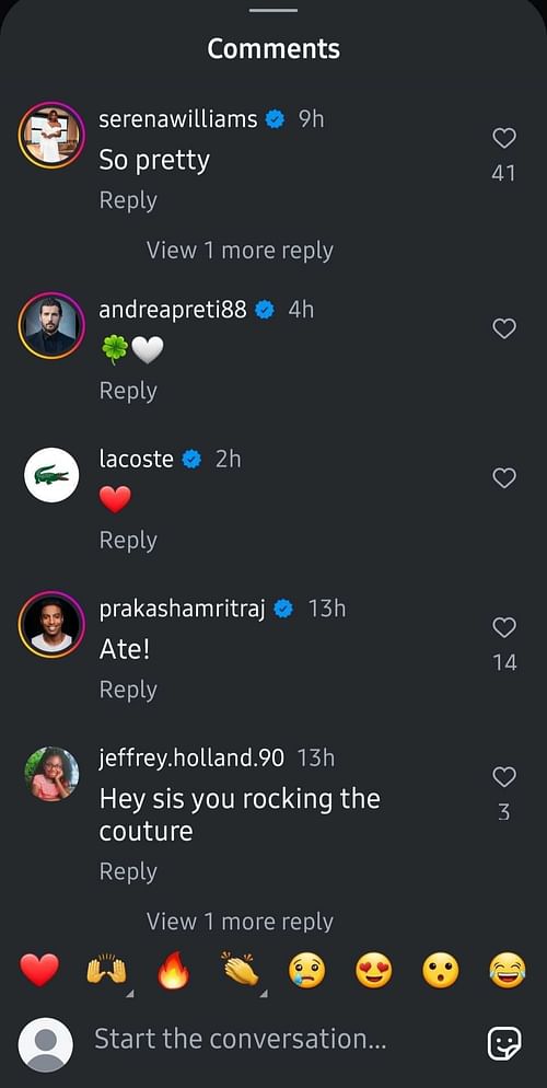 Andrea Preti's comment on Venus Williams' post | Instagram @venuswilliams